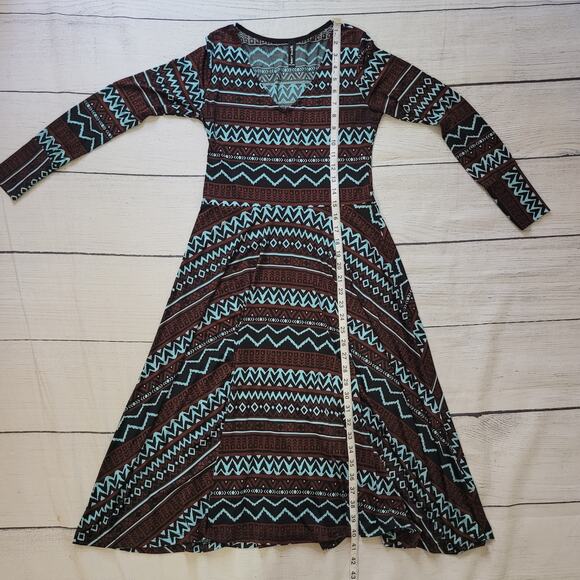 Casa Lee Size M Long Sleeve Geometric Bodycon Midi Dress V-Neck Teal Brown - Picture 2 of 11